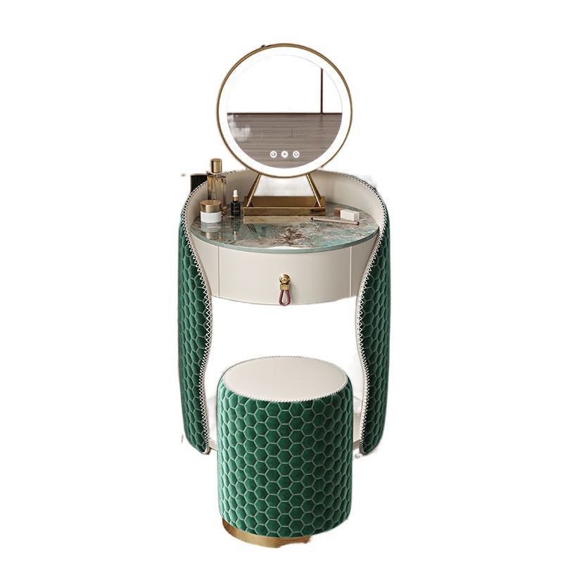 Modern Luxury Round Leather Solid Wood Stainless Steel Makeup Vanity 1-Drawer For Bedroom