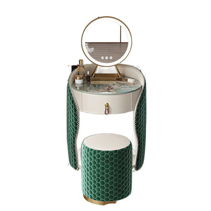 Modern Luxury Round Leather Solid Wood Stainless Steel Makeup Vanity 1-Drawer For Bedroom