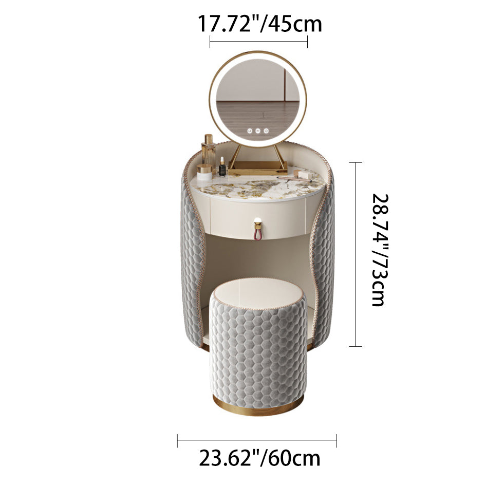 Modern Luxury Round Leather Solid Wood Stainless Steel Makeup Vanity 1-Drawer For Bedroom