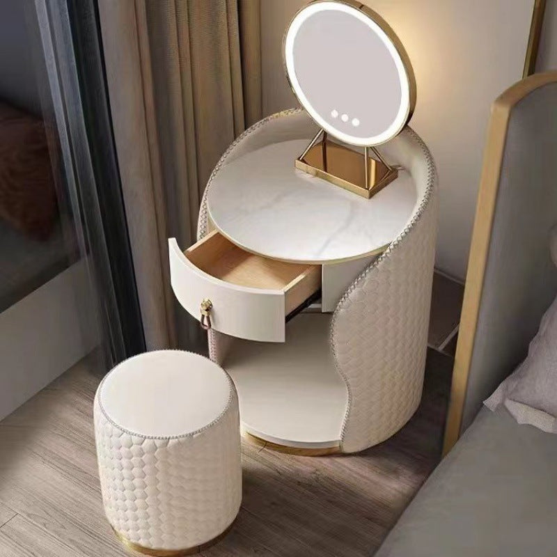 Modern Luxury Round Leather Solid Wood Stainless Steel Makeup Vanity 1-Drawer For Bedroom