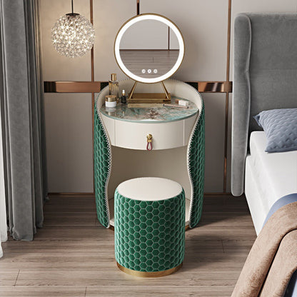 Modern Luxury Round Leather Solid Wood Stainless Steel Makeup Vanity 1-Drawer For Bedroom