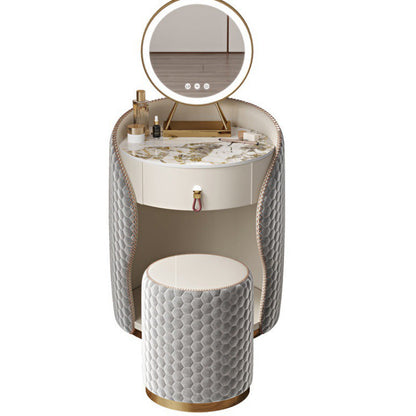 Modern Luxury Round Leather Solid Wood Stainless Steel Makeup Vanity 1-Drawer For Bedroom