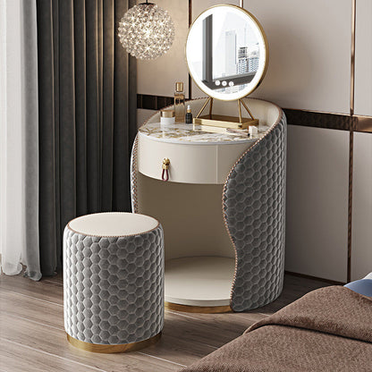 Modern Luxury Round Leather Solid Wood Stainless Steel Makeup Vanity 1-Drawer For Bedroom