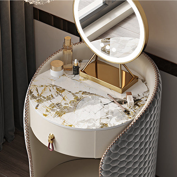 Modern Luxury Round Leather Solid Wood Stainless Steel Makeup Vanity 1-Drawer For Bedroom