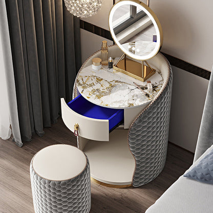 Modern Luxury Round Leather Solid Wood Stainless Steel Makeup Vanity 1-Drawer For Bedroom