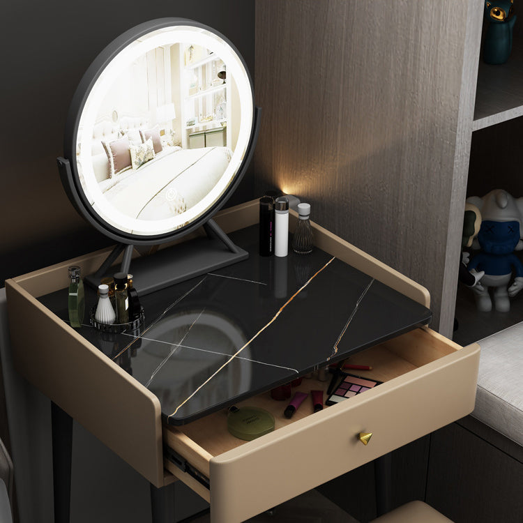 Contemporary Scandinavian Rectangular Rock Panel Microfiber Leather Carbon Steel Makeup Vanity 1-Drawer For Bedroom