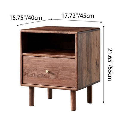 Modern Shabby Chic Rectangular Black Walnut Wood Nightstand 1-Drawer For Bedroom