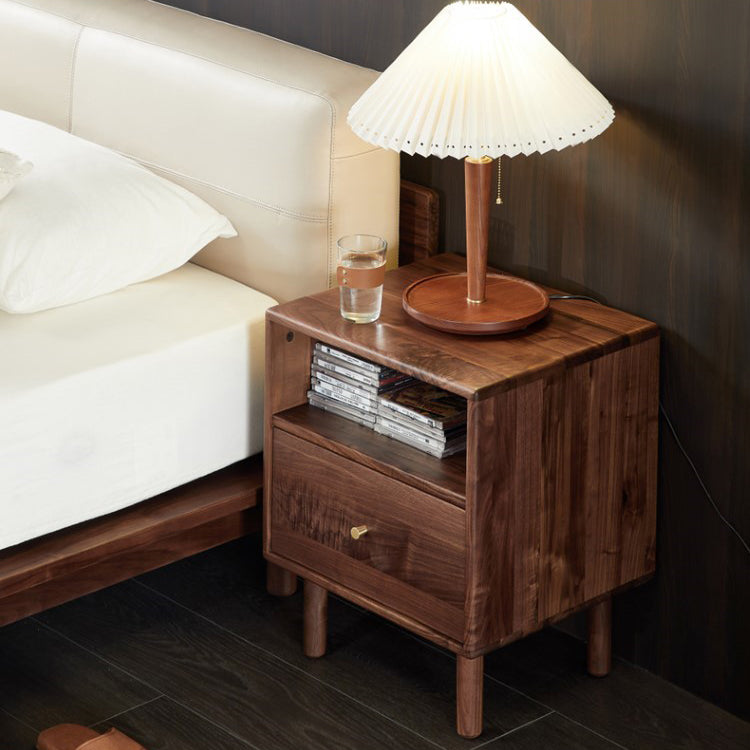 Modern Shabby Chic Rectangular Black Walnut Wood Nightstand 1-Drawer For Bedroom