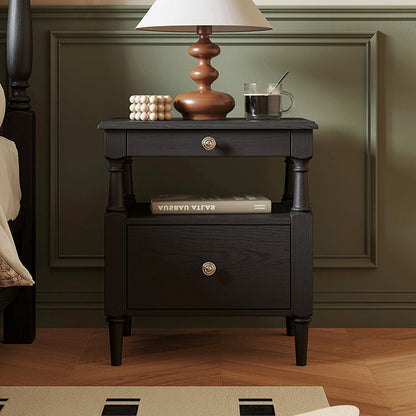 Traditional French Rectangular Ash Wood Metal Nightstand 2-Drawer For Bedroom