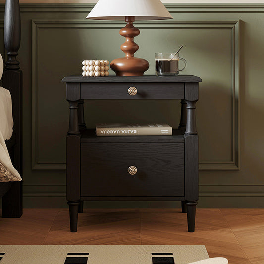 Traditional French Rectangular Ash Wood Metal Nightstand 2-Drawer For Bedroom