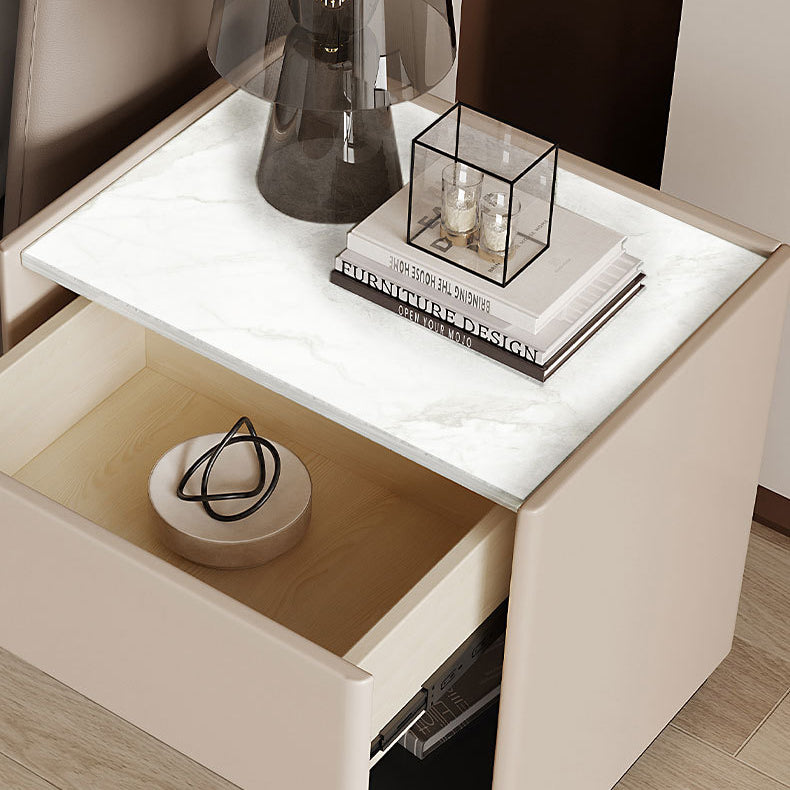 Modern Luxury Rectangular Marble Slab Solid Wood Nightstand 1-Drawer For Bedroom