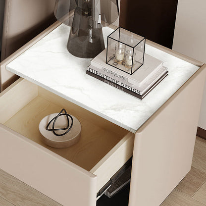 Modern Luxury Rectangular Marble Slab Solid Wood Nightstand 1-Drawer For Bedroom