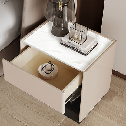 Modern Luxury Rectangular Marble Slab Solid Wood Nightstand 1-Drawer For Bedroom