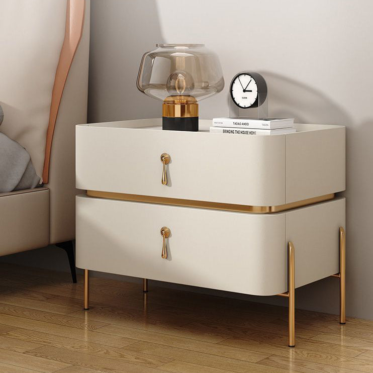 Modern Luxury Rectangular Microfiber Leather Marble Slab Solid Wood Metal Nightstand 2-Drawer For Bedroom