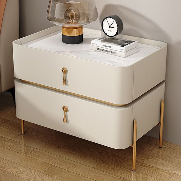 Modern Luxury Rectangular Microfiber Leather Marble Slab Solid Wood Metal Nightstand 2-Drawer For Bedroom