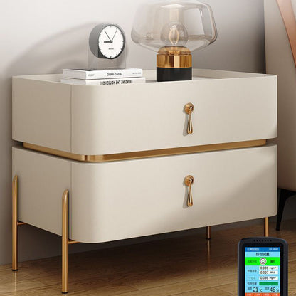 Modern Luxury Rectangular Microfiber Leather Marble Slab Solid Wood Metal Nightstand 2-Drawer For Bedroom