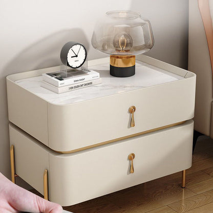 Modern Luxury Rectangular Microfiber Leather Marble Slab Solid Wood Metal Nightstand 2-Drawer For Bedroom