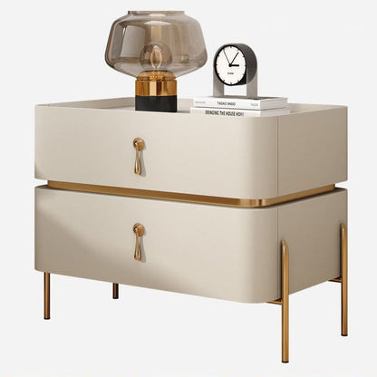 Modern Luxury Rectangular Microfiber Leather Marble Slab Solid Wood Metal Nightstand 2-Drawer For Bedroom