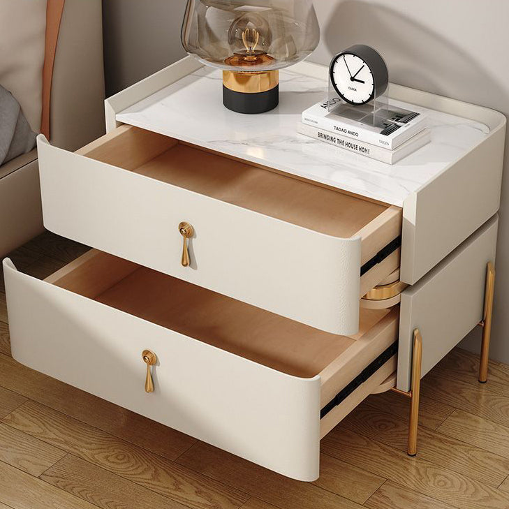 Modern Luxury Rectangular Microfiber Leather Marble Slab Solid Wood Metal Nightstand 2-Drawer For Bedroom