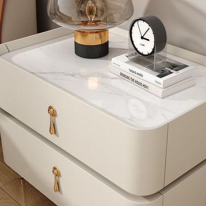 Modern Luxury Rectangular Microfiber Leather Marble Slab Solid Wood Metal Nightstand 2-Drawer For Bedroom