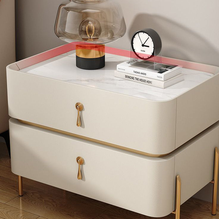Modern Luxury Rectangular Microfiber Leather Marble Slab Solid Wood Metal Nightstand 2-Drawer For Bedroom