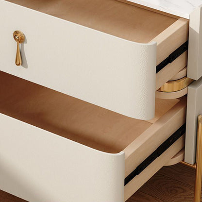 Modern Luxury Rectangular Microfiber Leather Marble Slab Solid Wood Metal Nightstand 2-Drawer For Bedroom