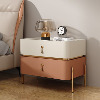 Modern Luxury Rectangular Microfiber Leather Marble Slab Solid Wood Metal Nightstand 2-Drawer For Bedroom