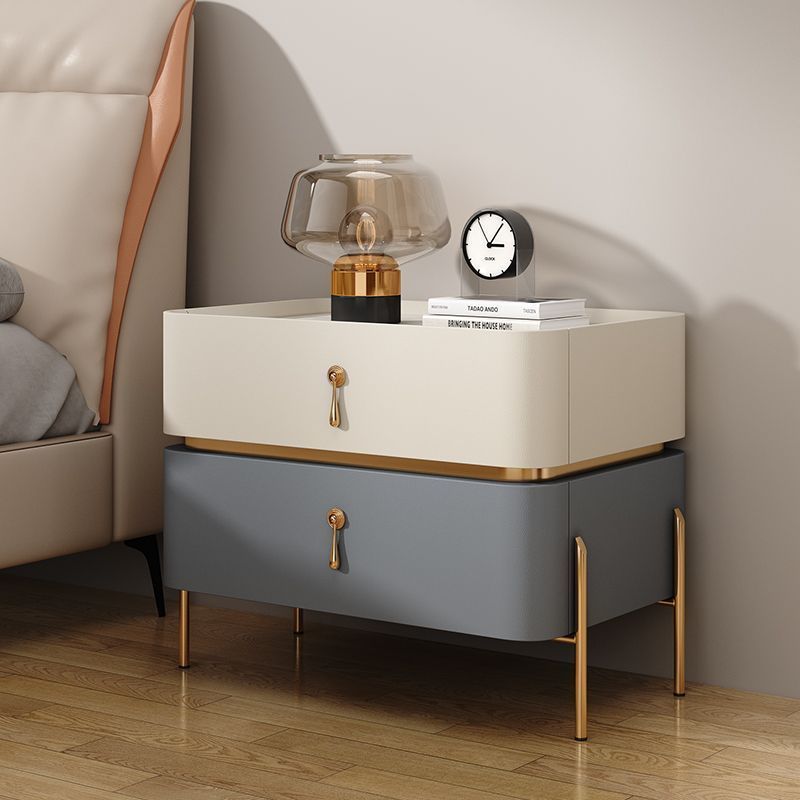 Modern Luxury Rectangular Microfiber Leather Marble Slab Solid Wood Metal Nightstand 2-Drawer For Bedroom