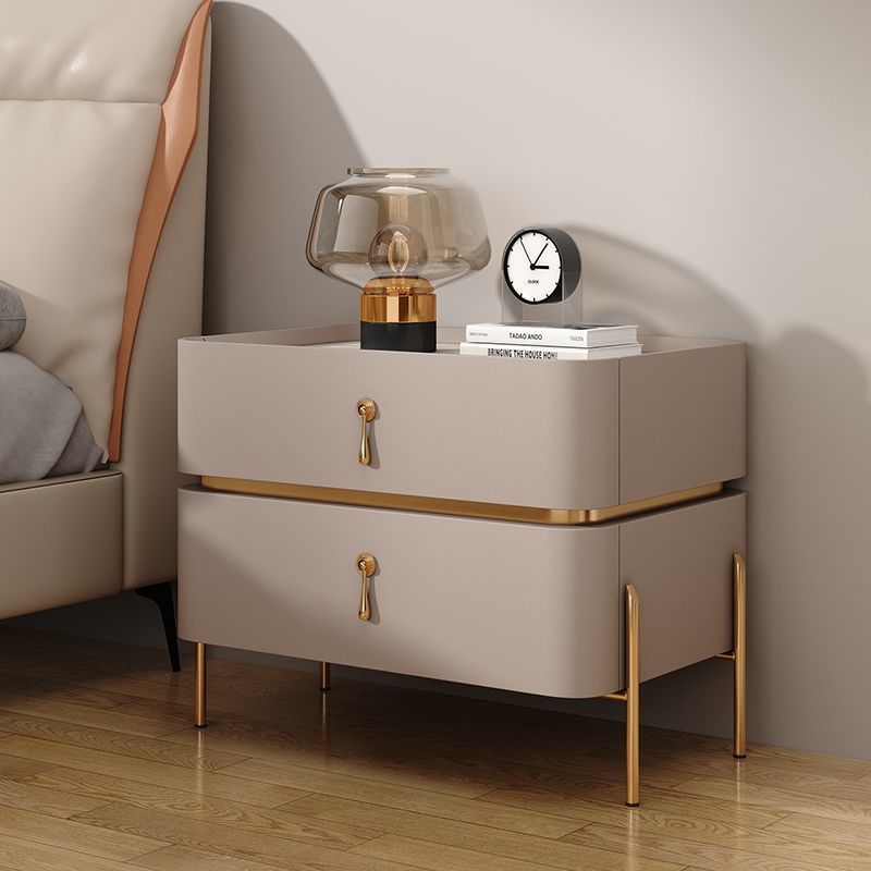 Modern Luxury Rectangular Microfiber Leather Marble Slab Solid Wood Metal Nightstand 2-Drawer For Bedroom