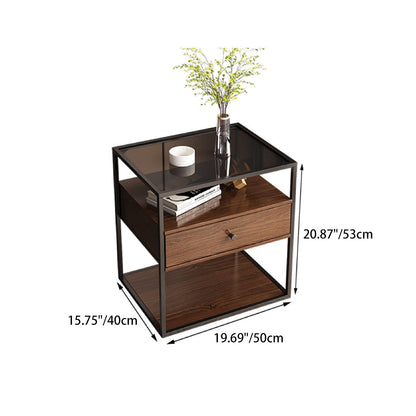 Modern Eclectic Rectangular Artificial Panel Glass Iron Nightstand 1/2 Drawer For Bedroom