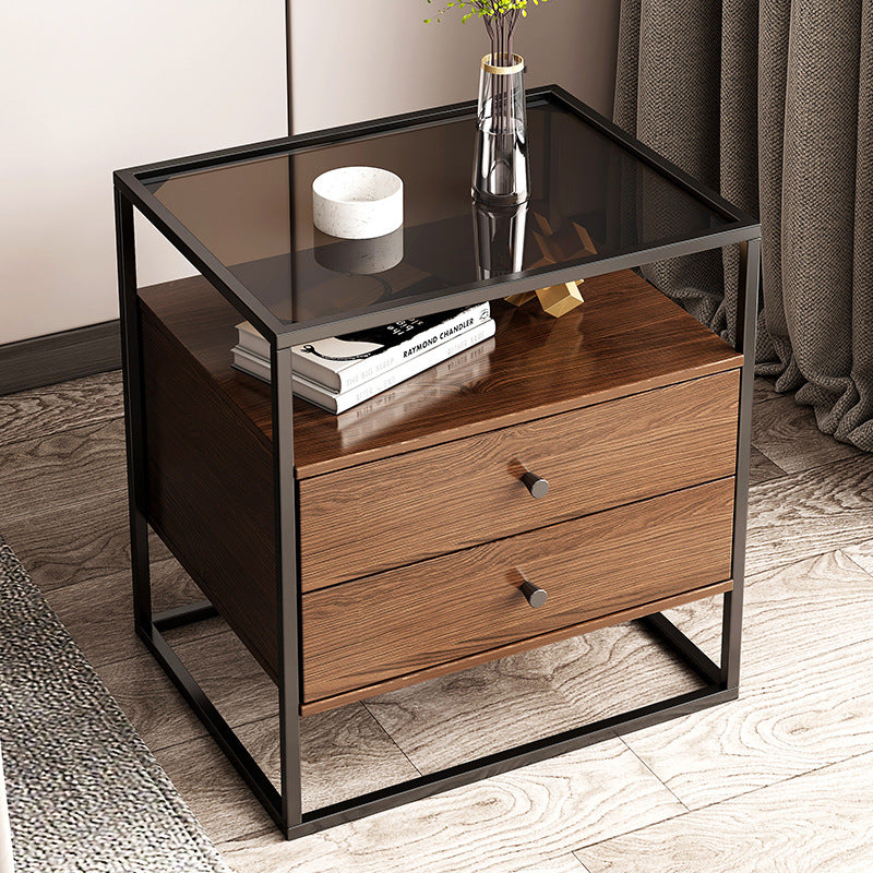 Modern Eclectic Rectangular Artificial Panel Glass Iron Nightstand 1/2 Drawer For Bedroom