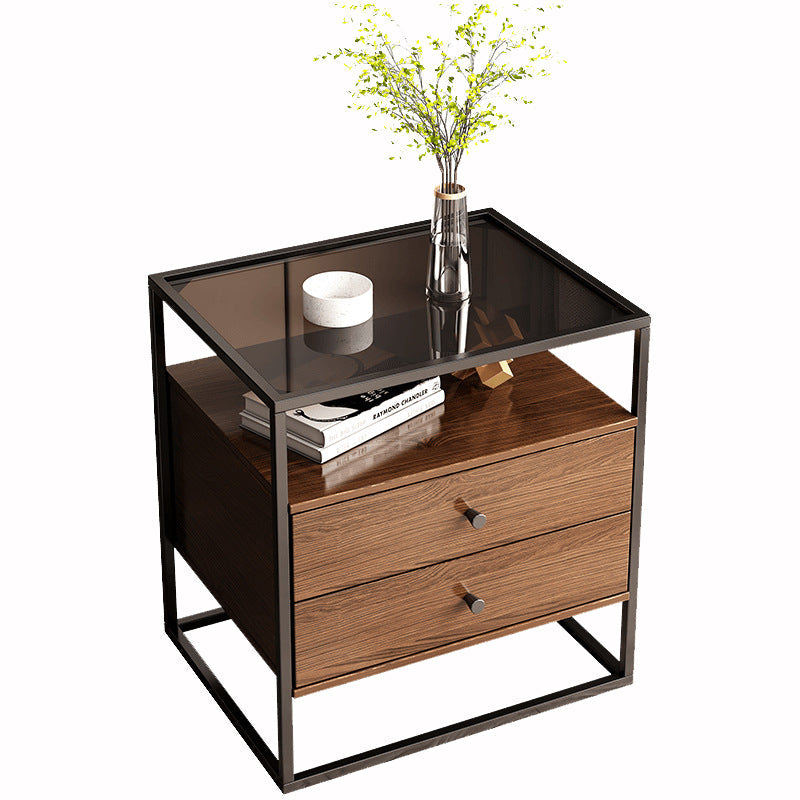 Modern Eclectic Rectangular Artificial Panel Glass Iron Nightstand 1/2 Drawer For Bedroom