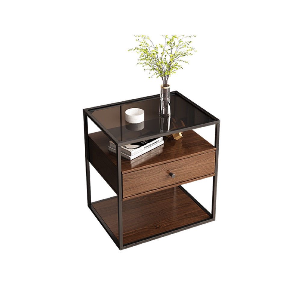 Modern Eclectic Rectangular Artificial Panel Glass Iron Nightstand 1/2 Drawer For Bedroom