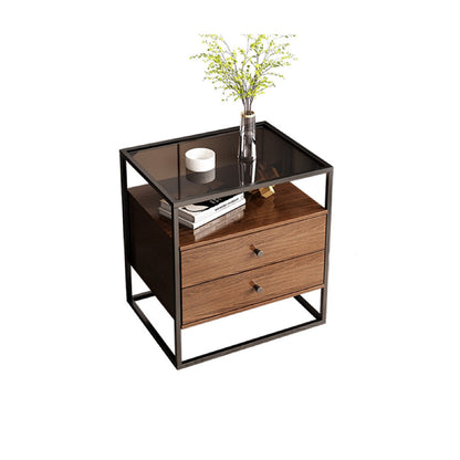 Modern Eclectic Rectangular Artificial Panel Glass Iron Nightstand 1/2 Drawer For Bedroom