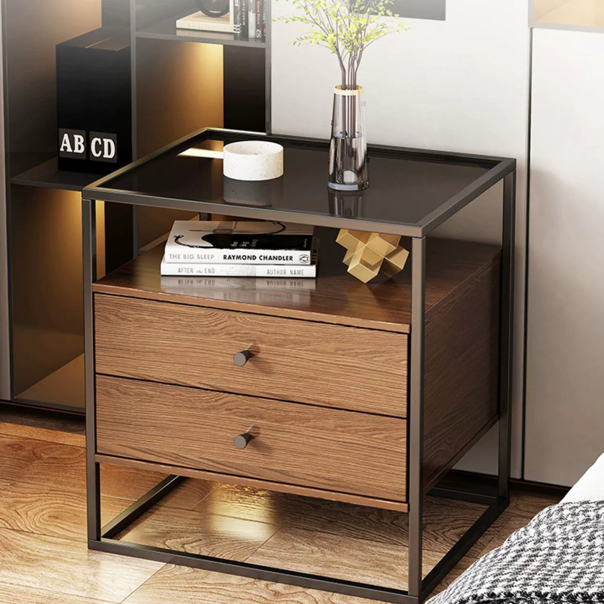 Modern Eclectic Rectangular Artificial Panel Glass Iron Nightstand 1/2 Drawer For Bedroom