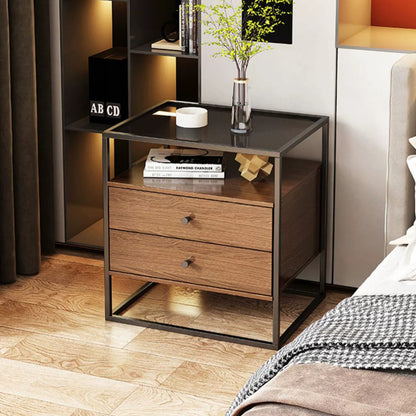 Modern Eclectic Rectangular Artificial Panel Glass Iron Nightstand 1/2 Drawer For Bedroom