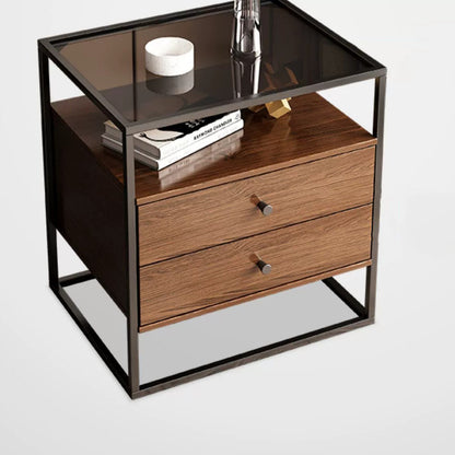 Modern Eclectic Rectangular Artificial Panel Glass Iron Nightstand 1/2 Drawer For Bedroom