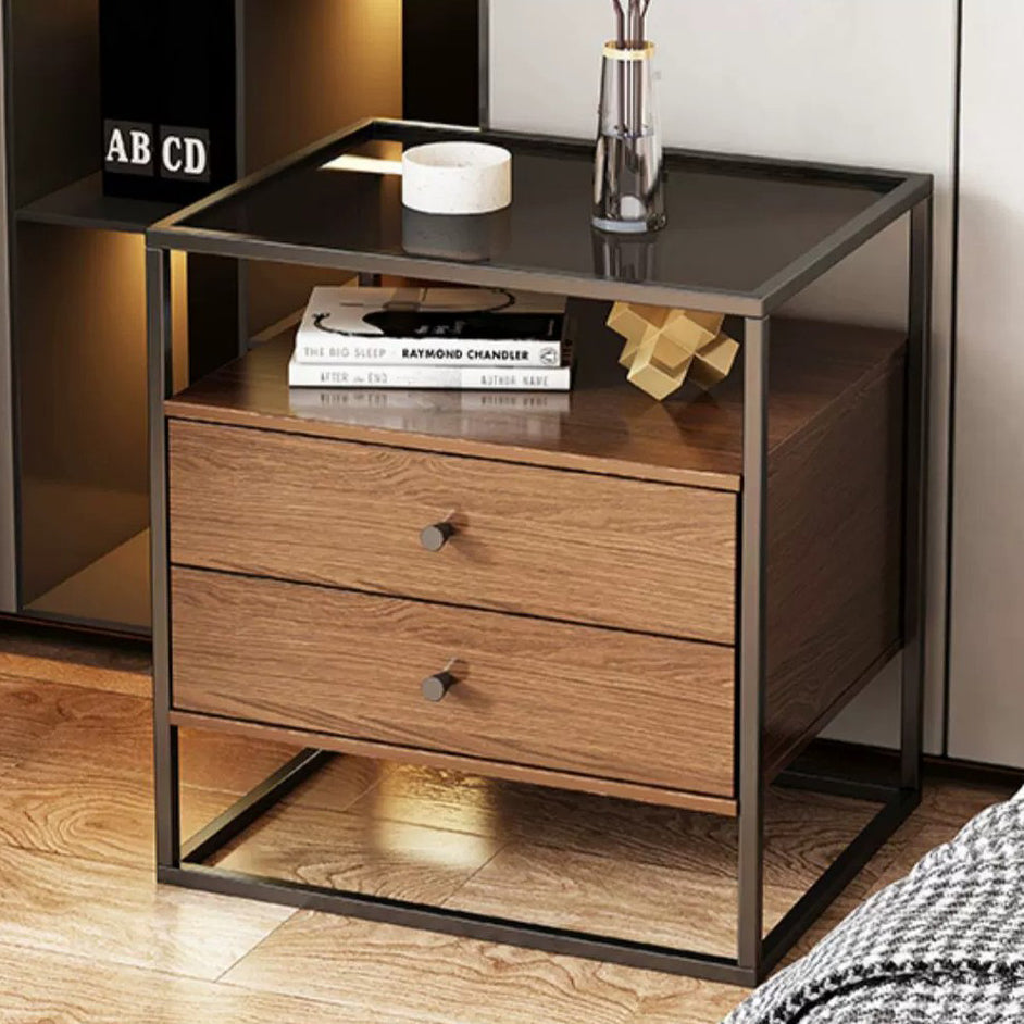 Modern Eclectic Rectangular Artificial Panel Glass Iron Nightstand 1/2 Drawer For Bedroom
