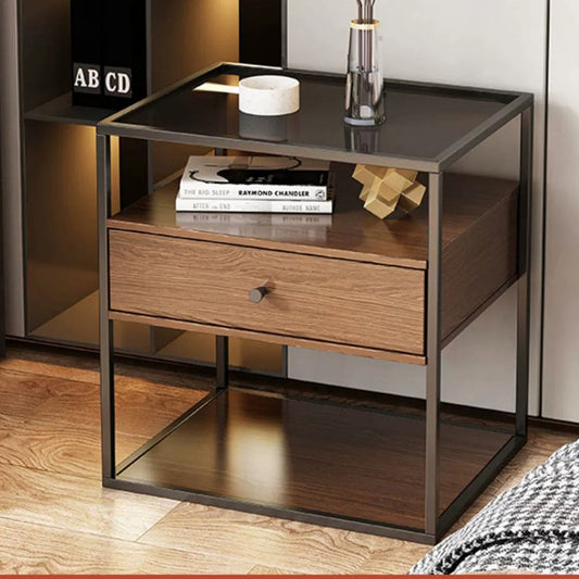 Modern Eclectic Rectangular Artificial Panel Glass Iron Nightstand 1/2 Drawer For Bedroom
