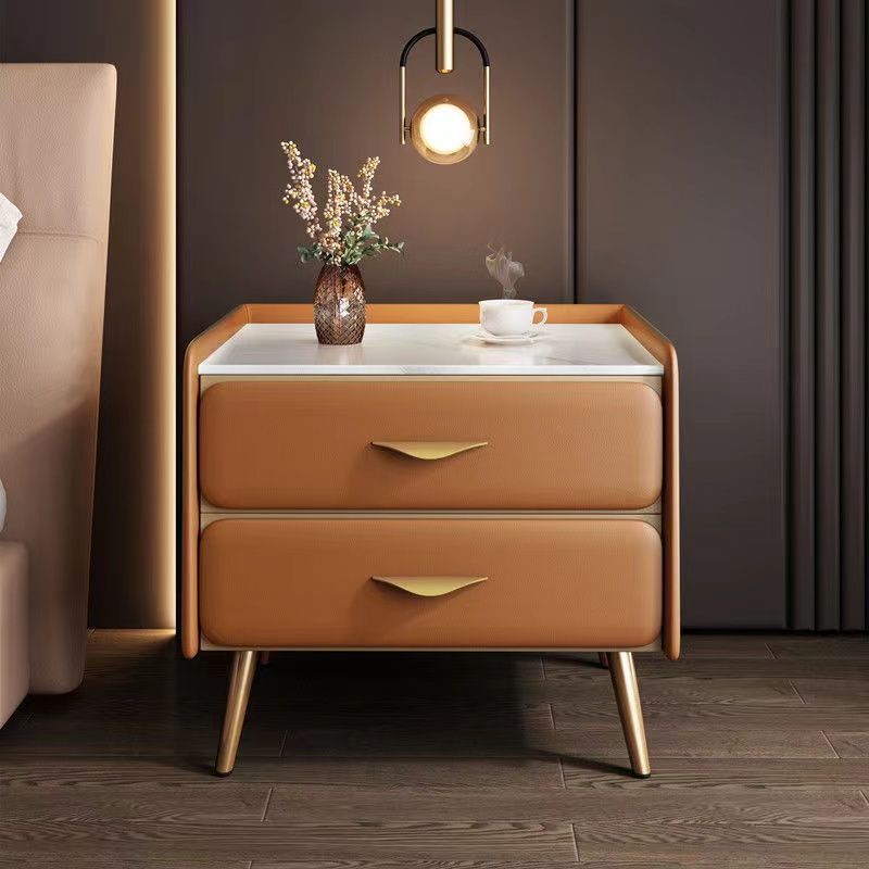 Contemporary Coastal Rectangular Rock Slab Solid Wood Metal Nightstand 2-Drawer For Bedroom