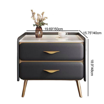 Contemporary Coastal Rectangular Rock Slab Solid Wood Metal Nightstand 2-Drawer For Bedroom