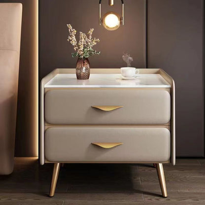 Contemporary Coastal Rectangular Rock Slab Solid Wood Metal Nightstand 2-Drawer For Bedroom