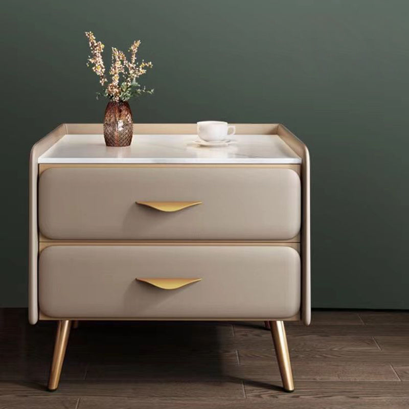 Contemporary Coastal Rectangular Rock Slab Solid Wood Metal Nightstand 2-Drawer For Bedroom