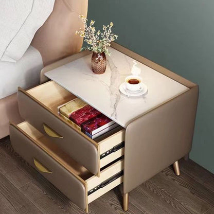 Contemporary Coastal Rectangular Rock Slab Solid Wood Metal Nightstand 2-Drawer For Bedroom