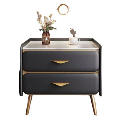 Contemporary Coastal Rectangular Rock Slab Solid Wood Metal Nightstand 2-Drawer For Bedroom