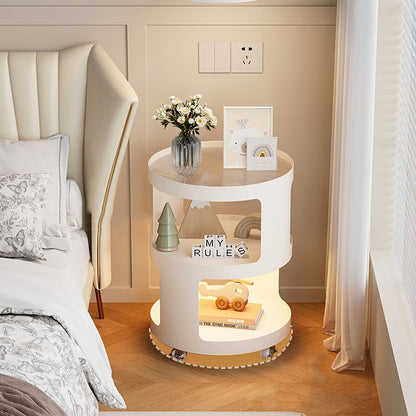 Contemporary Industrial Round Iron Glass Nightstand 2-Tier For Bedroom