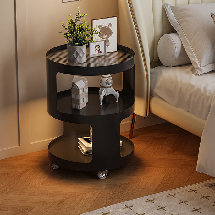 Contemporary Industrial Round Iron Glass Nightstand 2-Tier For Bedroom