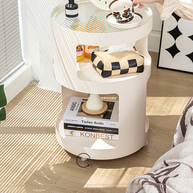 Contemporary Industrial Round Iron Glass Nightstand 2-Tier For Bedroom