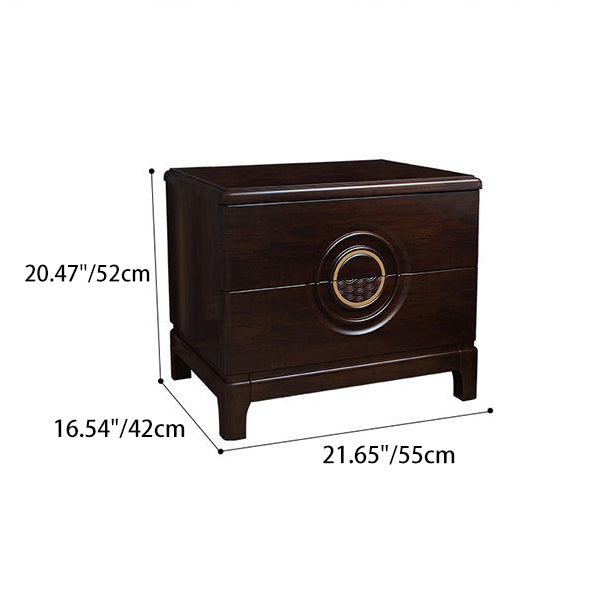 Traditional Chinese Rectangular Solid Wood Metal 2-Drawer Nightstand For Bedroom