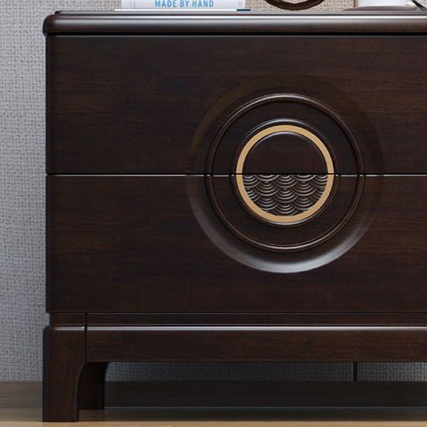 Traditional Chinese Rectangular Solid Wood Metal 2-Drawer Nightstand For Bedroom